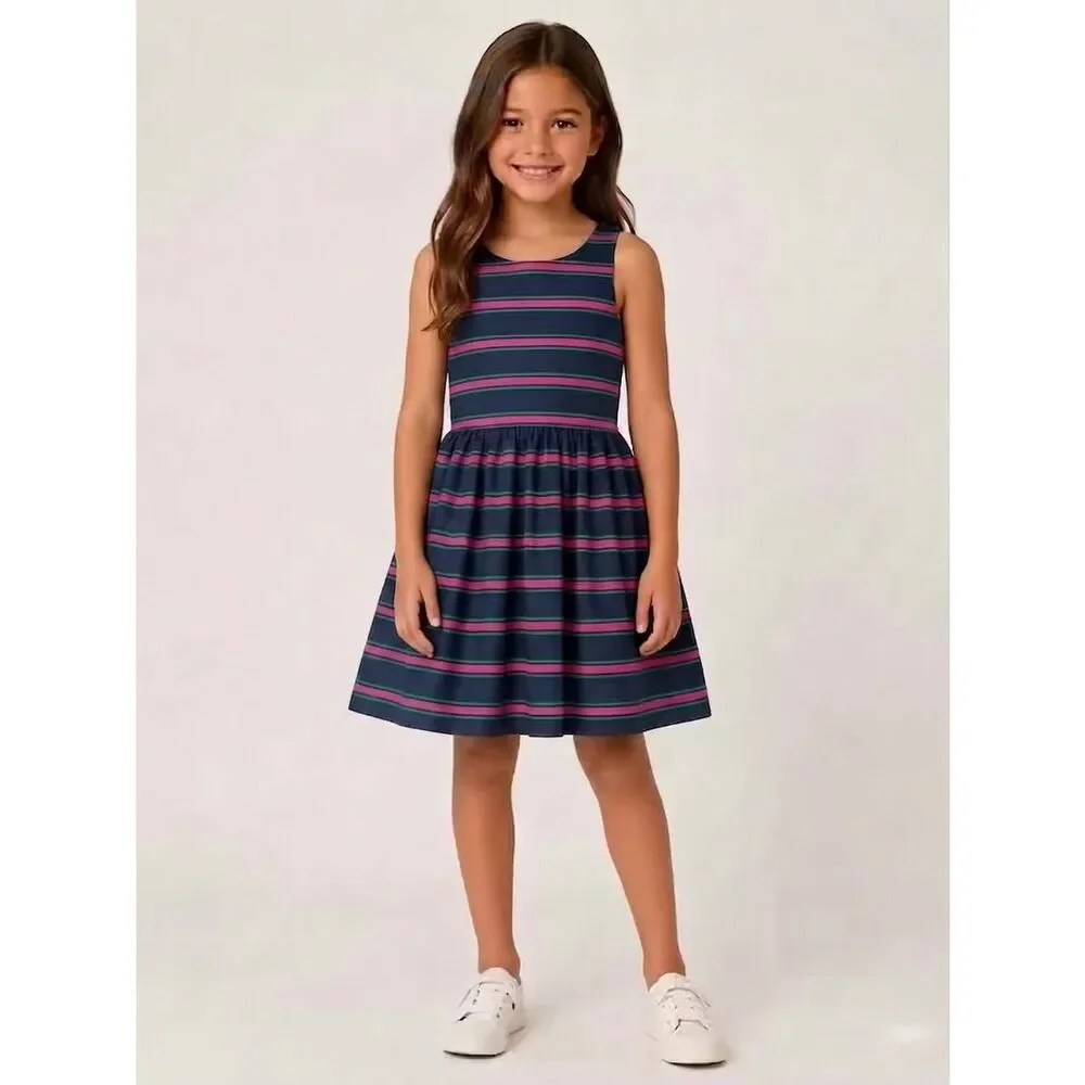 Ralph Lauren Navy Blue Striped Button Back Fit And Flare Dress Size 8 Girls